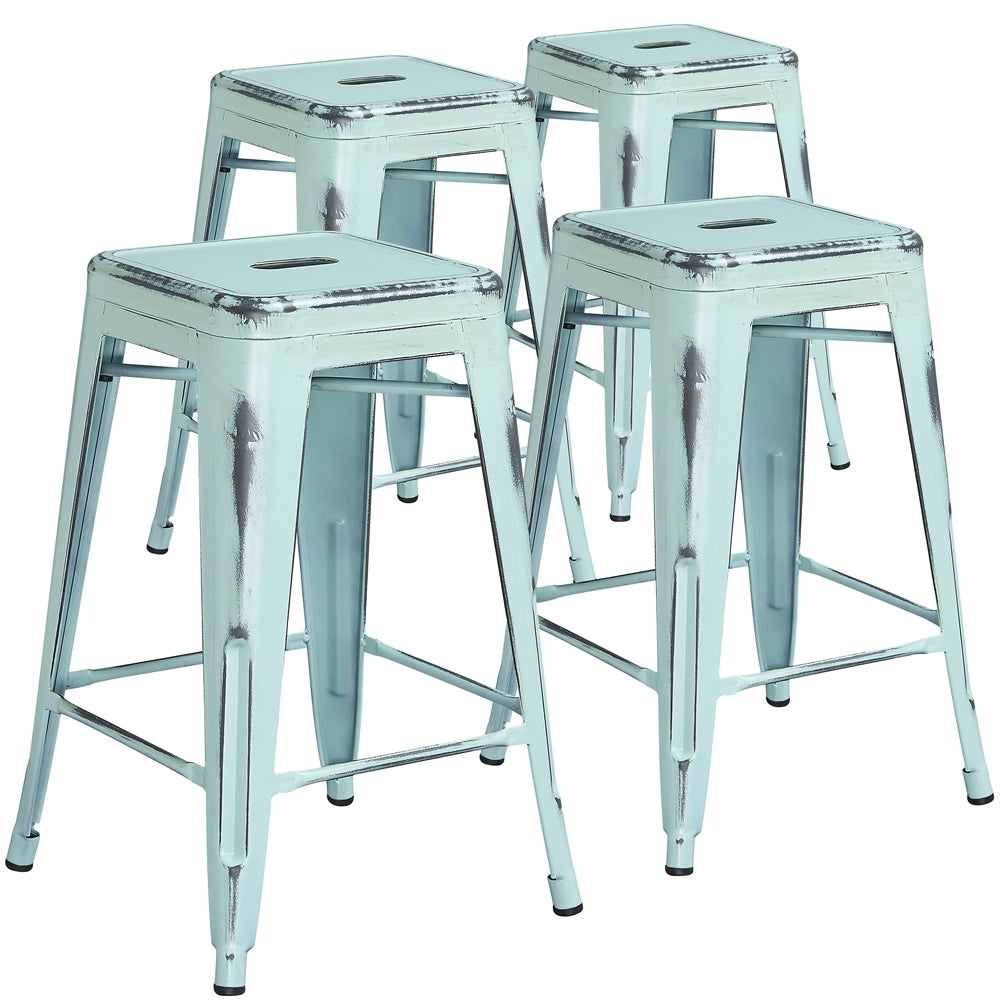 4 Pk. 24'' High Backless Distressed Dream Blue Metal Indoor Counter Height Stool - Flash Furniture