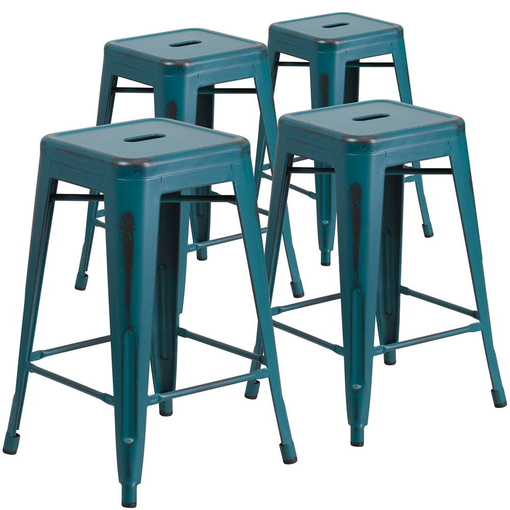 4 Pk. 24'' High Backless Distressed Kelly Blue Metal Indoor Counter Height Stool - Flash Furniture
