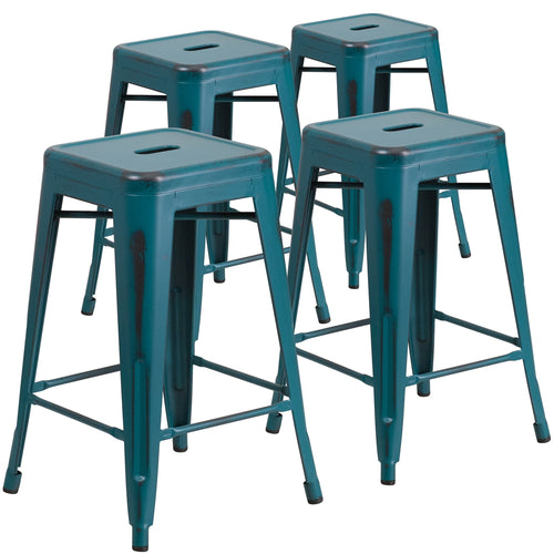 4 Pk. 24'' High Backless Distressed Kelly Blue Metal Indoor Counter Height Stool - Flash Furniture