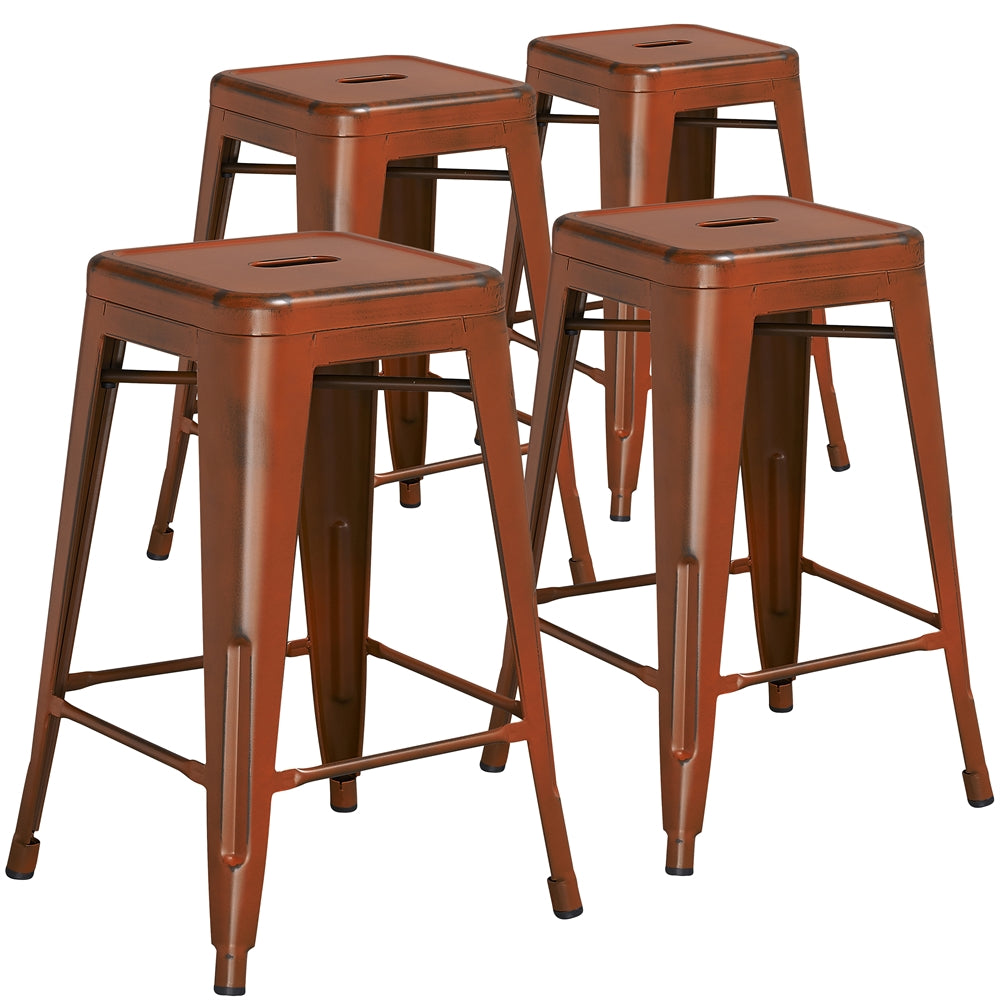 4 Pk. 24'' High Backless Distressed Orange Metal Indoor Counter Height Stool - Flash Furniture