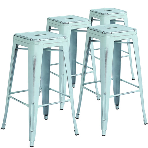 4 Pk. 30'' High Backless Distressed Dream Blue Metal Indoor Barstool - Flash Furniture