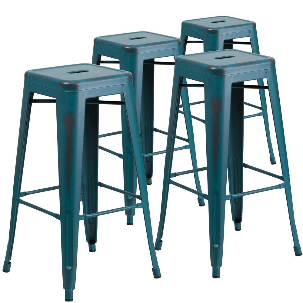 4 Pk. 30'' High Backless Distressed Kelly Blue Metal Indoor Barstool - Flash Furniture