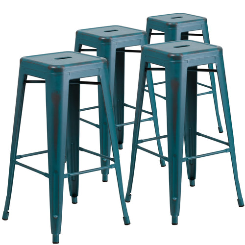 4 Pk. 30'' High Backless Distressed Kelly Blue Metal Indoor Barstool - Flash Furniture