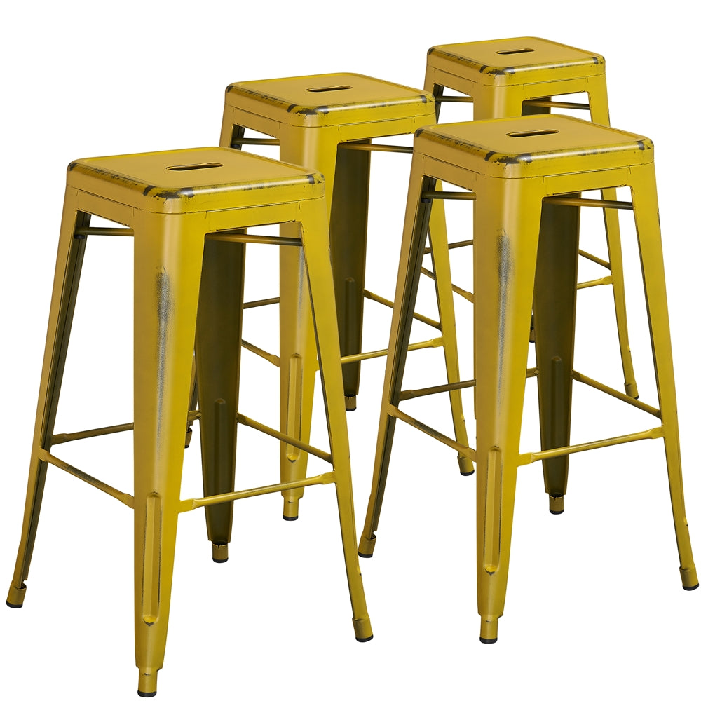 4 Pk. 30'' High Backless Distressed Yellow Metal Indoor Barstool - Flash Furniture