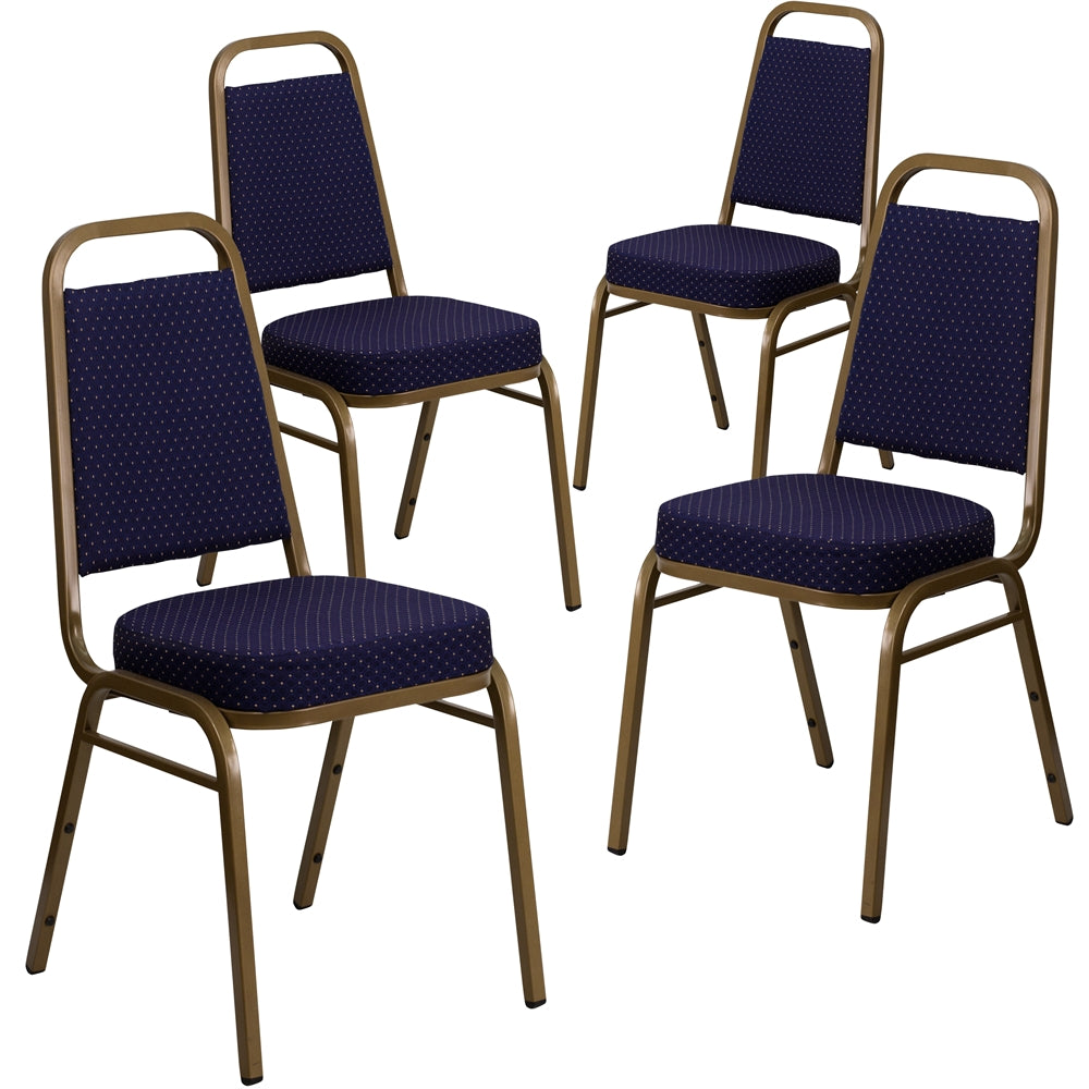 4 Pk. HERCULES Series Trapezoidal Back Stacking Banquet Chair with Navy Patterned Fabric and 2.5'' Thick Seat - Gold Frame - Flash Furniture