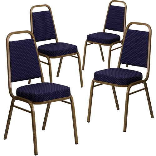 4 Pk. HERCULES Series Trapezoidal Back Stacking Banquet Chair with Navy Patterned Fabric and 2.5'' Thick Seat - Gold Frame - Flash Furniture