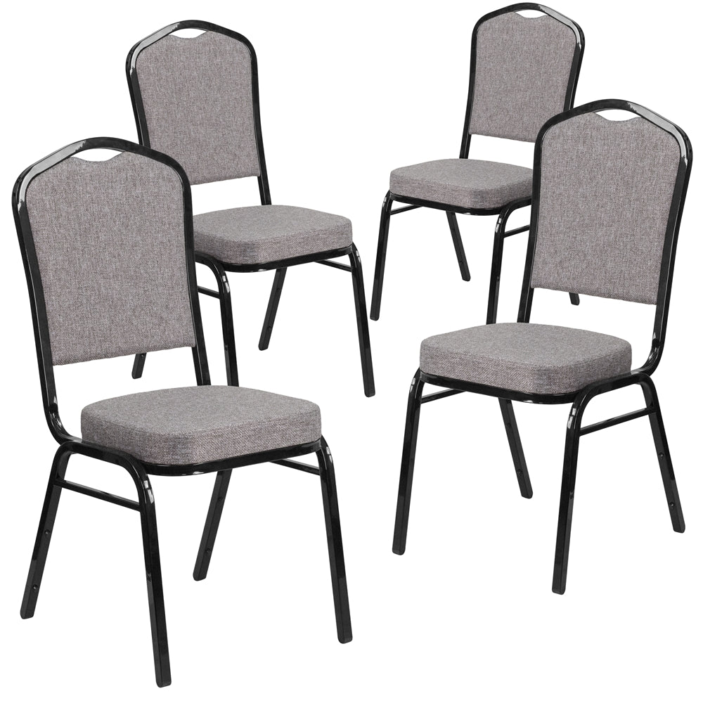 4 Pk. HERCULES Series Crown Back Stacking Banquet Chair with Gray Fabric and 2.5'' Thick Seat - Black Frame - Flash Furniture