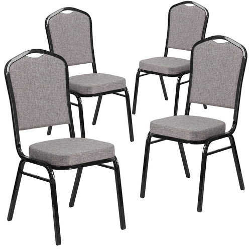 4 Pk. HERCULES Series Crown Back Stacking Banquet Chair with Gray Fabric and 2.5'' Thick Seat - Black Frame - Flash Furniture