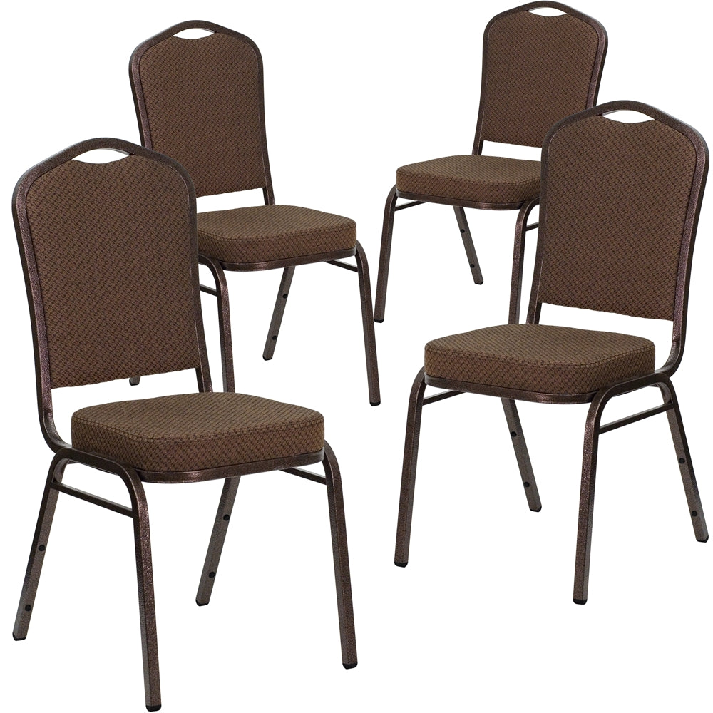 4 Pk. HERCULES Series Crown Back Stacking Banquet Chair with Brown Patterned Fabric and 2.5'' Thick Seat - Copper Vein Frame - Flash Furniture