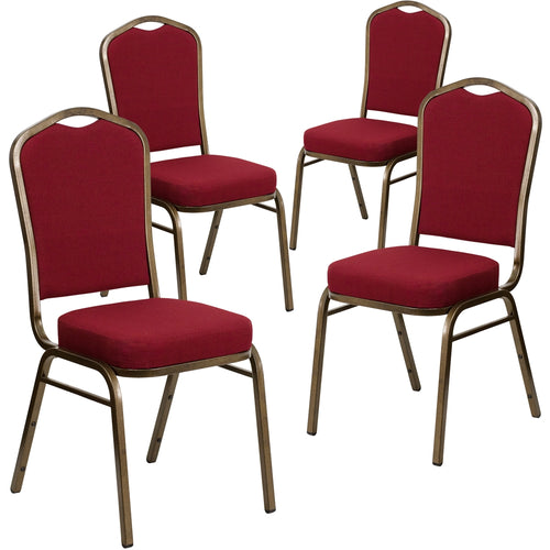 4 Pk. HERCULES Series Crown Back Stacking Banquet Chair with Burgundy Fabric and 2.5'' Thick Seat - Gold Vein Frame - Flash Furniture