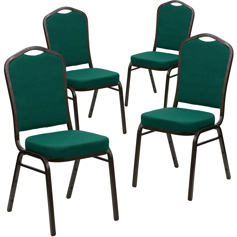 4 Pk. HERCULES Series Crown Back Stacking Banquet Chair with Green Fabric and 2.5'' Thick Seat - Gold Vein Frame - Flash Furniture
