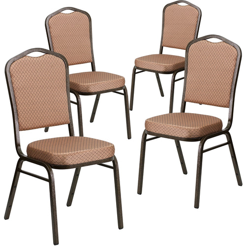 4 Pk. HERCULES Series Crown Back Stacking Banquet Chair with Gold Diamond Patterned Fabric and 2.5'' Thick Seat - Gold Vein Frame - Flash Furniture