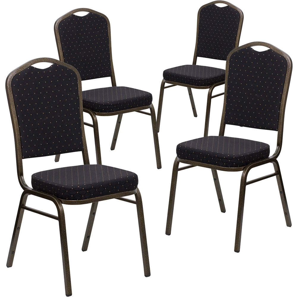 4 Pk. HERCULES Series Crown Back Stacking Banquet Chair with Black Patterned Fabric and 2.5'' Thick Seat - Gold Vein Frame - Flash Furniture