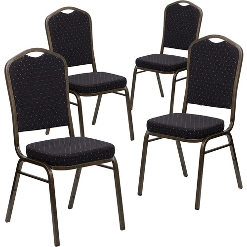 4 Pk. HERCULES Series Crown Back Stacking Banquet Chair with Black Patterned Fabric and 2.5'' Thick Seat - Gold Vein Frame - Flash Furniture