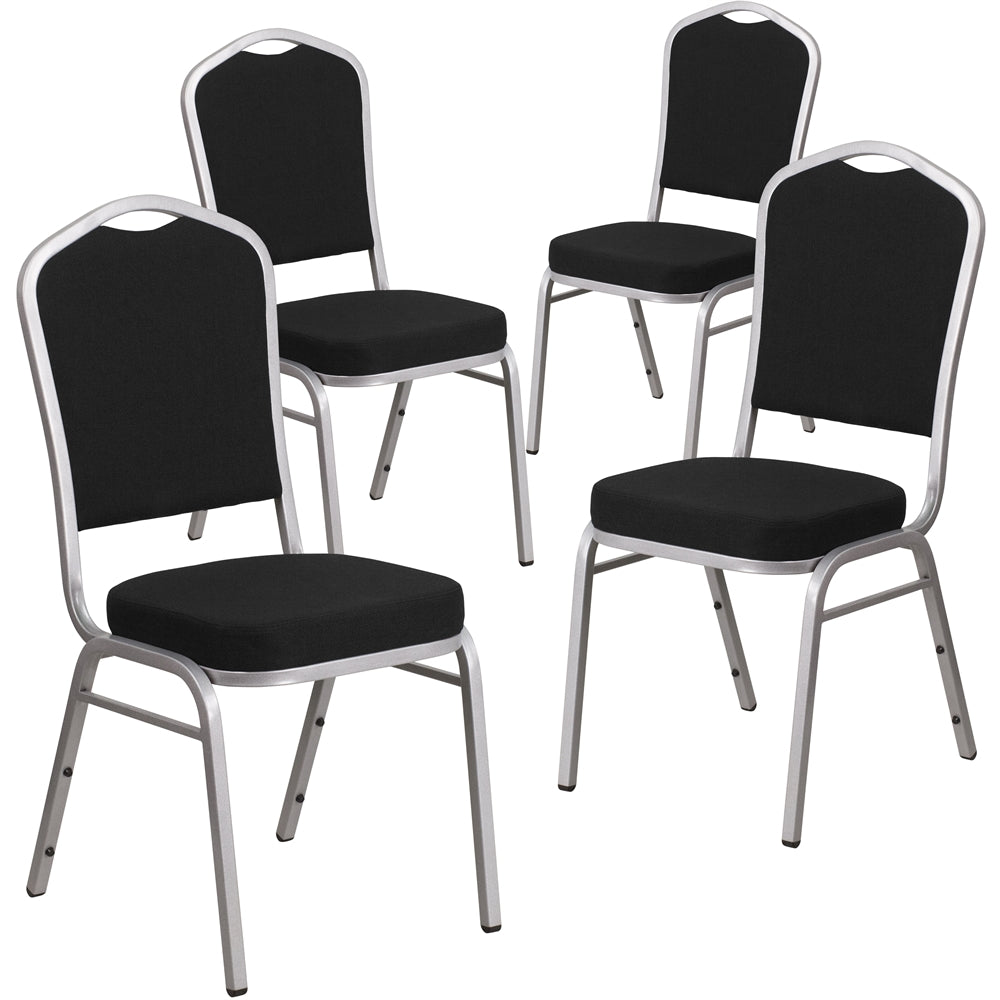 4 Pk. HERCULES Series Crown Back Stacking Banquet Chair with Black Fabric and 2.5'' Thick Seat - Silver Frame - Flash Furniture