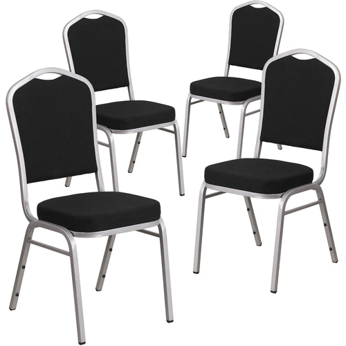 4 Pk. HERCULES Series Crown Back Stacking Banquet Chair with Black Fabric and 2.5'' Thick Seat - Silver Frame - Flash Furniture