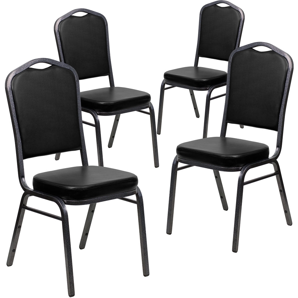 4 Pk. HERCULES Series Crown Back Stacking Banquet Chair with Black Vinyl and 2.5'' Thick Seat - Silver Vein Frame - Flash Furniture