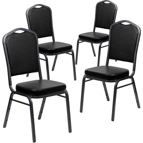4 Pk. HERCULES Series Crown Back Stacking Banquet Chair with Black Vinyl and 2.5'' Thick Seat - Silver Vein Frame - Flash Furniture