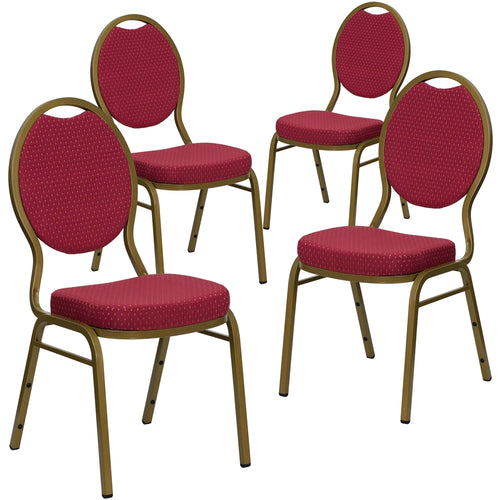 4 Pk. HERCULES Series Teardrop Back Stacking Banquet Chair with Burgundy Patterned Fabric and 2.5'' Thick Seat - Gold Frame - Flash Furniture