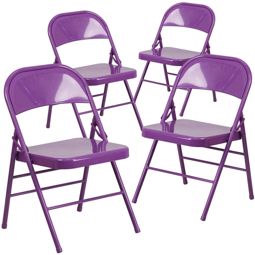 4 Pk. HERCULES COLORBURST Series Impulsive Purple Triple Braced & Double Hinged Metal Folding Chair - Flash Furniture
