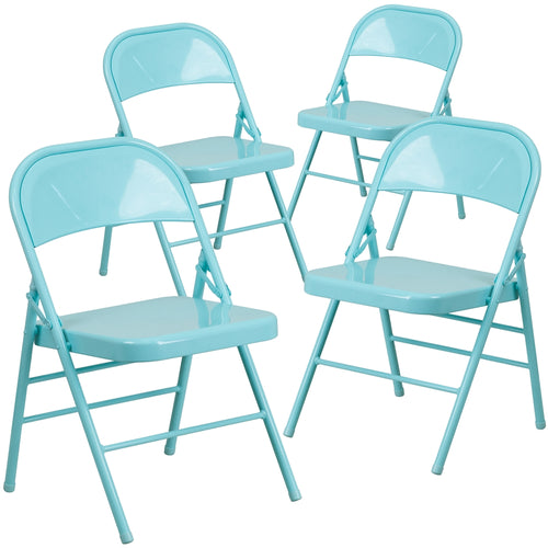 4 Pk. HERCULES COLORBURST Series Tantalizing Teal Triple Braced & Double Hinged Metal Folding Chair - Flash Furniture