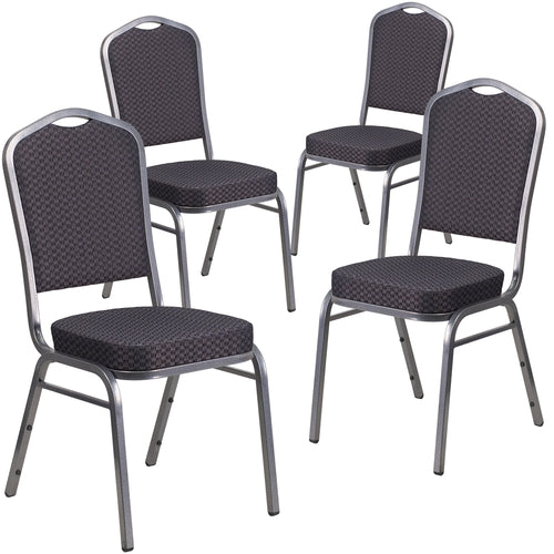 4 Pk. HERCULES Series Crown Back Stacking Banquet Chair with Black Patterned Fabric and 2.5'' Thick Seat - Silver Vein Frame - Flash Furniture