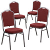 4 Pk. HERCULES Series Crown Back Stacking Banquet Chair with Burgundy Patterned Fabric and 2.5'' Thick Seat - Silver Vein Frame - Flash Furniture