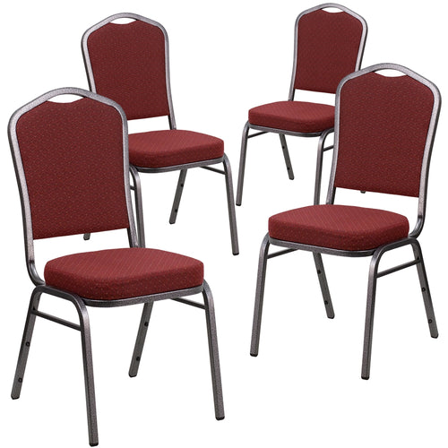 4 Pk. HERCULES Series Crown Back Stacking Banquet Chair with Burgundy Patterned Fabric and 2.5'' Thick Seat - Silver Vein Frame - Flash Furniture