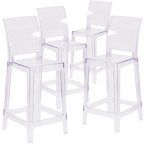 4 Pk. Ghost Counter Stool in Transparent Crystal with Square Back - Flash Furniture