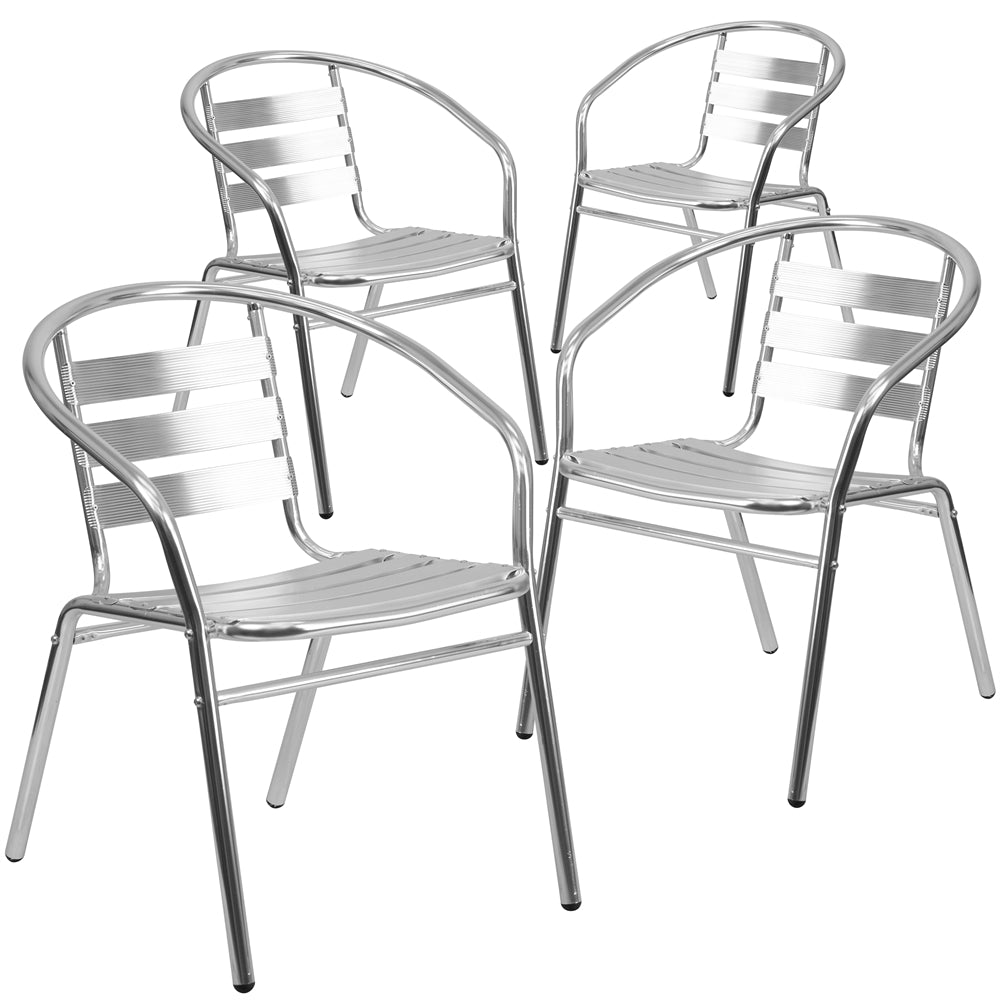 4 Pk. Aluminum Commercial Indoor-Outdoor Restaurant Stack Chair with Triple Slat Back - Flash Furniture