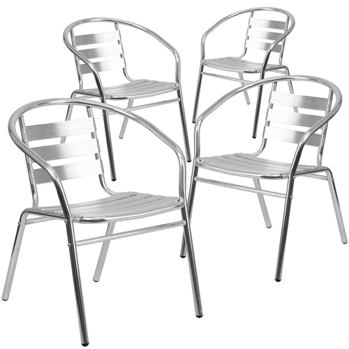 4 Pk. Aluminum Commercial Indoor-Outdoor Restaurant Stack Chair with Triple Slat Back - Flash Furniture