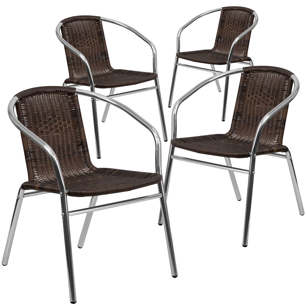 4 Pk. Aluminum and Dark Brown Rattan Commercial Indoor-Outdoor Restaurant Stack Chair - Flash Furniture