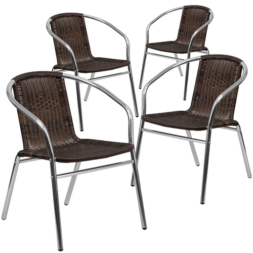 4 Pk. Aluminum and Dark Brown Rattan Commercial Indoor-Outdoor Restaurant Stack Chair - Flash Furniture