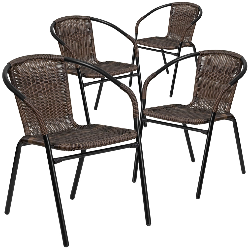 4 Pk. Dark Brown Rattan Indoor-Outdoor Restaurant Stack Chair - Flash Furniture