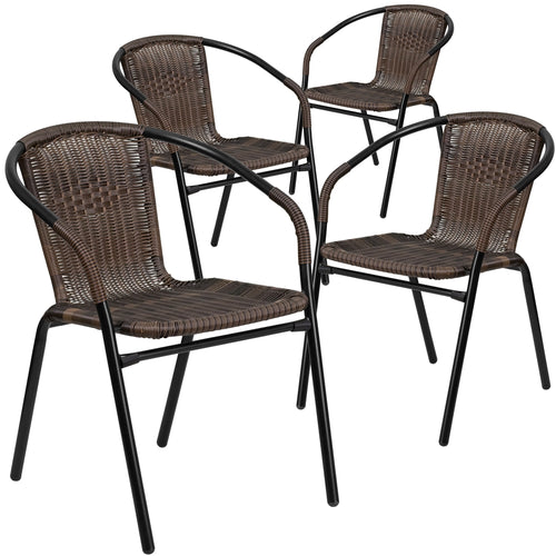 4 Pk. Dark Brown Rattan Indoor-Outdoor Restaurant Stack Chair - Flash Furniture