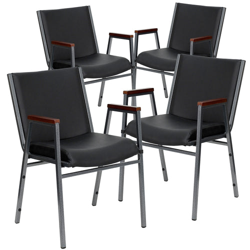 4 Pk. HERCULES Series Heavy Duty, 3'' Thickly Padded, Black Vinyl Upholstered Stack Chair with Arms - Flash Furniture