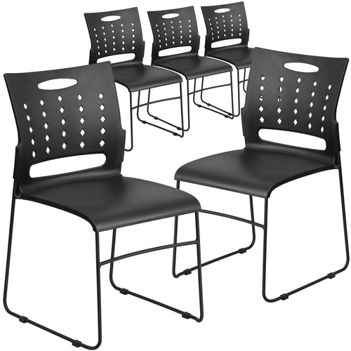 5 Pk. HERCULES Series 881 lb. Capacity Black Sled Base Stack Chair with Air-Vent Back - Flash Furniture