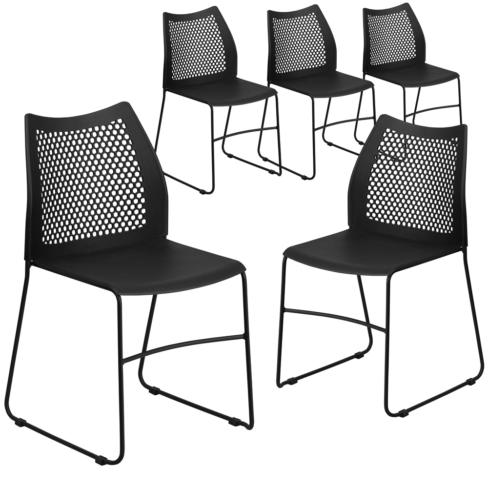 5 Pk. HERCULES Series 661 lb. Capacity Black Sled Base Stack Chair with Air-Vent Back - Flash Furniture