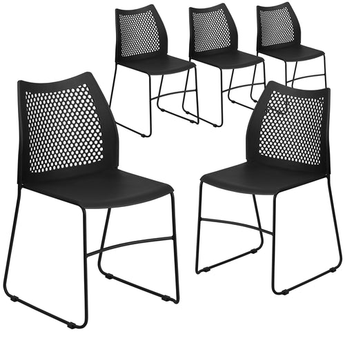 5 Pk. HERCULES Series 661 lb. Capacity Black Sled Base Stack Chair with Air-Vent Back - Flash Furniture