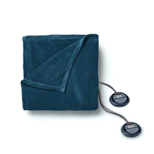 Sunbeam  Queen Electric Heated MicroPlush Blanket in Lagoon with Dual Digital Display Controllers