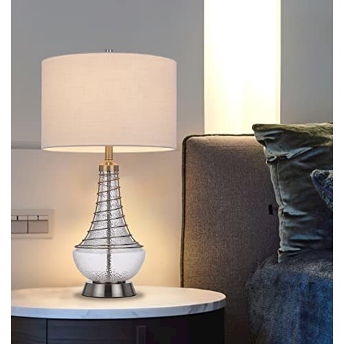 150W 3 Way Baraboo Glass Table Lamp With Wire Guard Design And Drum Fabric Shade - Cal Lighting