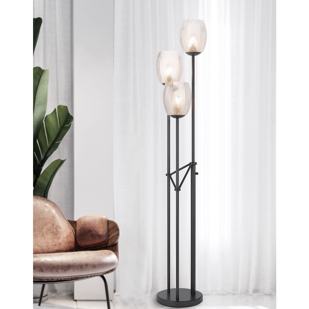 60W X 3 Oconto Metal Floor Lamp With Patterned Glass Shades. - Cal Lighting