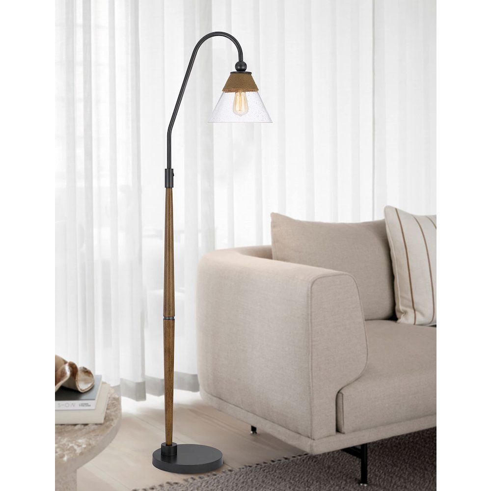 60W Hinton Downbridge Metal Floor Lamp With Faux Wood Pole And Glass Shade - Cal Lighting