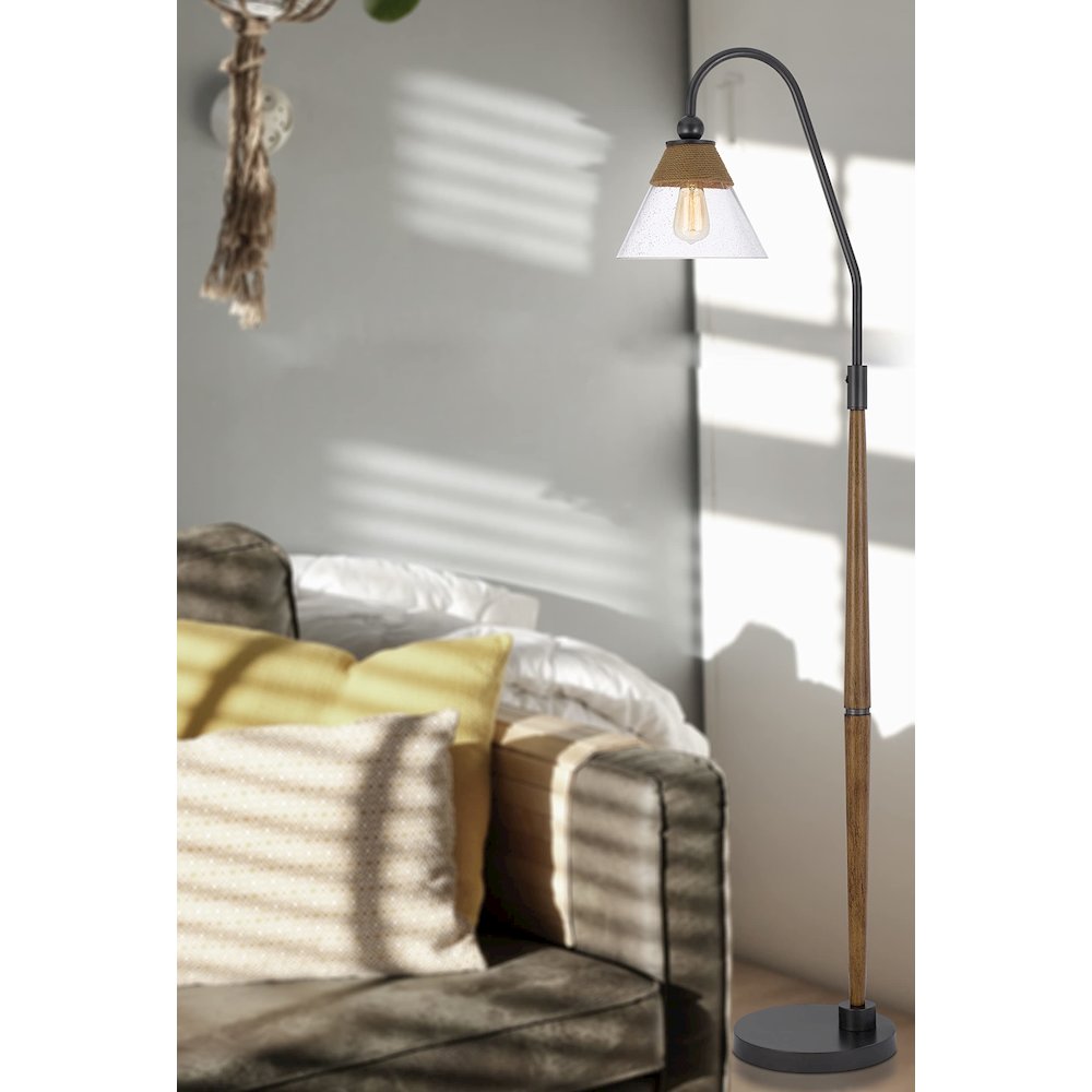 60W Hinton Downbridge Metal Floor Lamp With Faux Wood Pole And Glass Shade - Cal Lighting