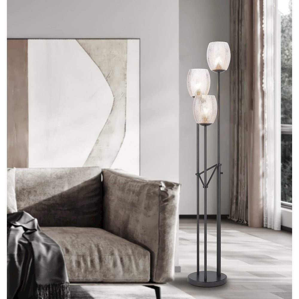 60W X 3 Oconto Metal Floor Lamp With Patterned Glass Shades. - Cal Lighting