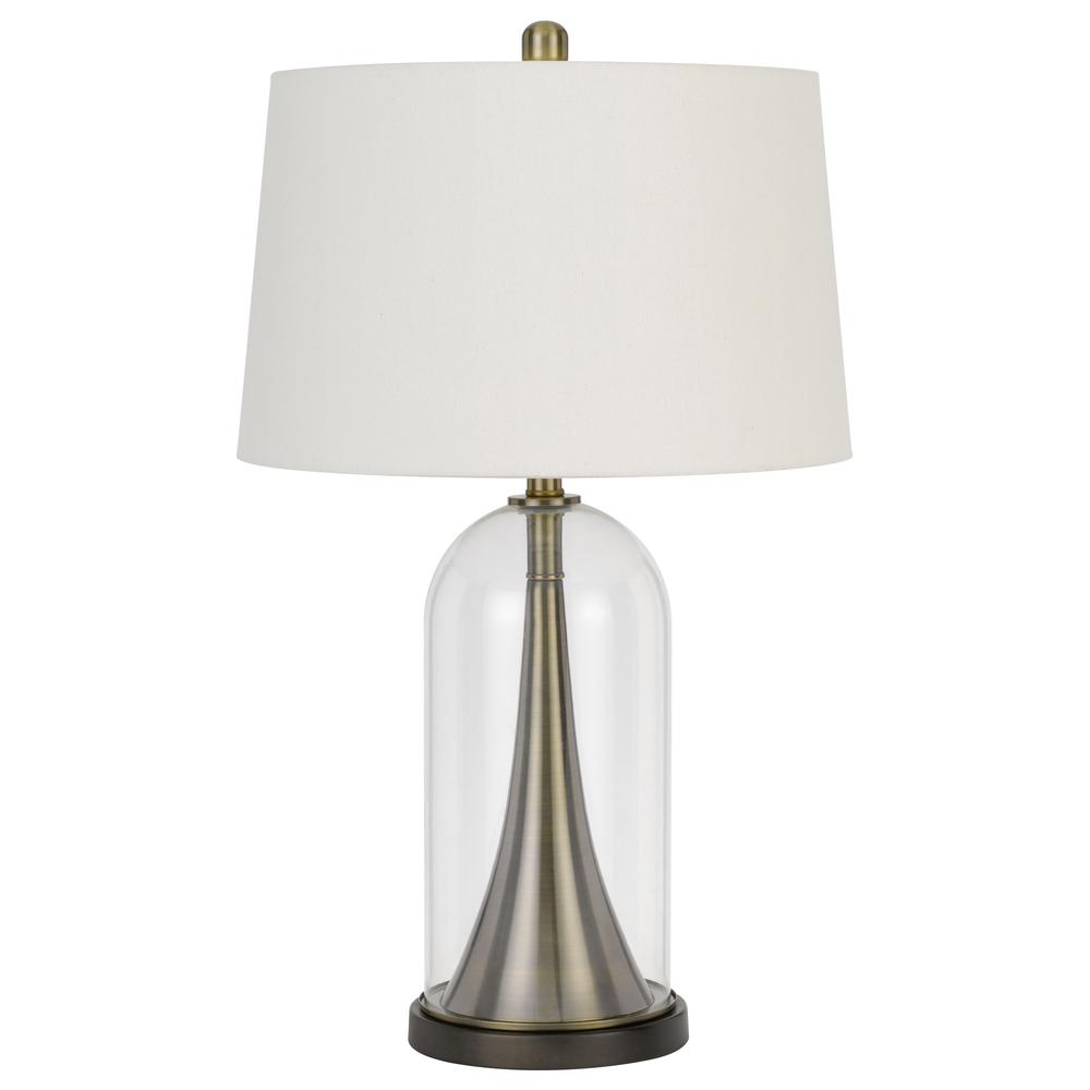 150W 3 way Camargo glass/metal table lamp with hardback taper drum fabric shade, Glass/Antique Brass - Cal Lighting