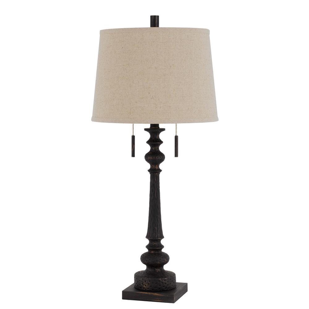 60W x 2 Torrington resin table lamp with pull chain switch and hardback linen shade - Cal Lighting