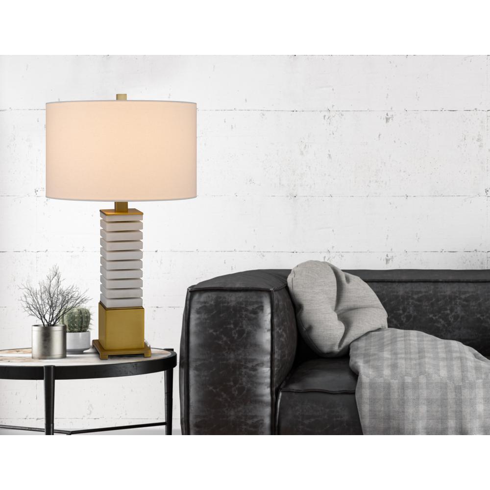 150W 3 Way Cranbourne Metal/Marble Table Lamp With Drum Hardback Fabric Shade - Cal Lighting