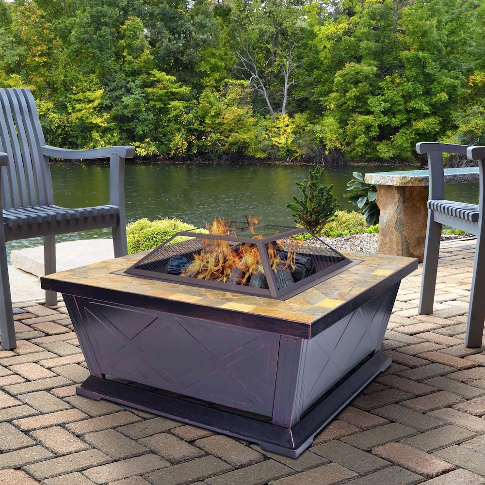 Outdoor Leisure Products 36 inch Square Steel Firepit with Decorative Slate Hearth and Oil Rubbed Bronze Finish - American Furniture Classics