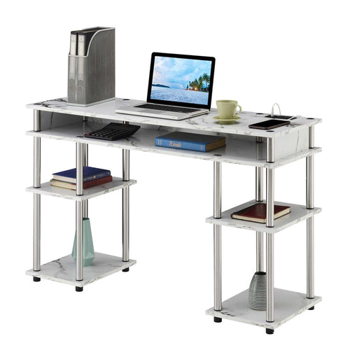 Designs2Go No Tools Student Desk With Charging Station, White Marble - Convenience Concepts